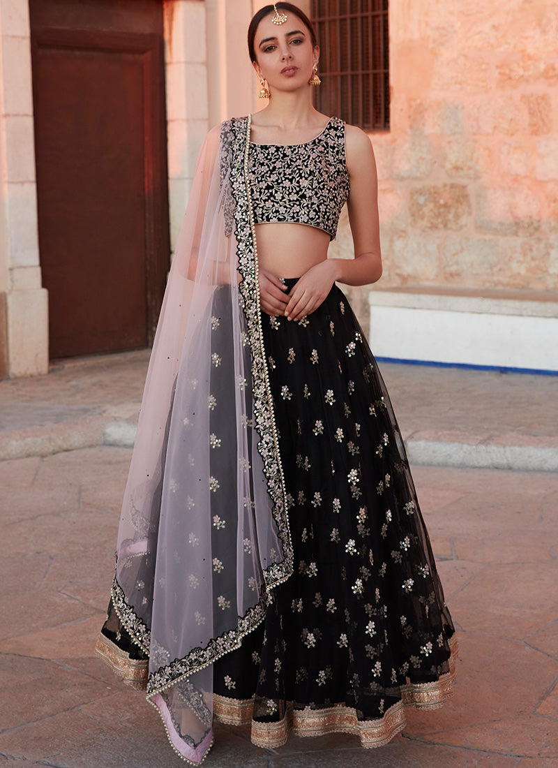Black and Light Pink Embroidered Net Lehenga - Lashkaraa