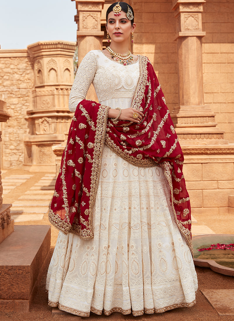 Off White Lakhnavi Anarkali With Maroon Dupatta