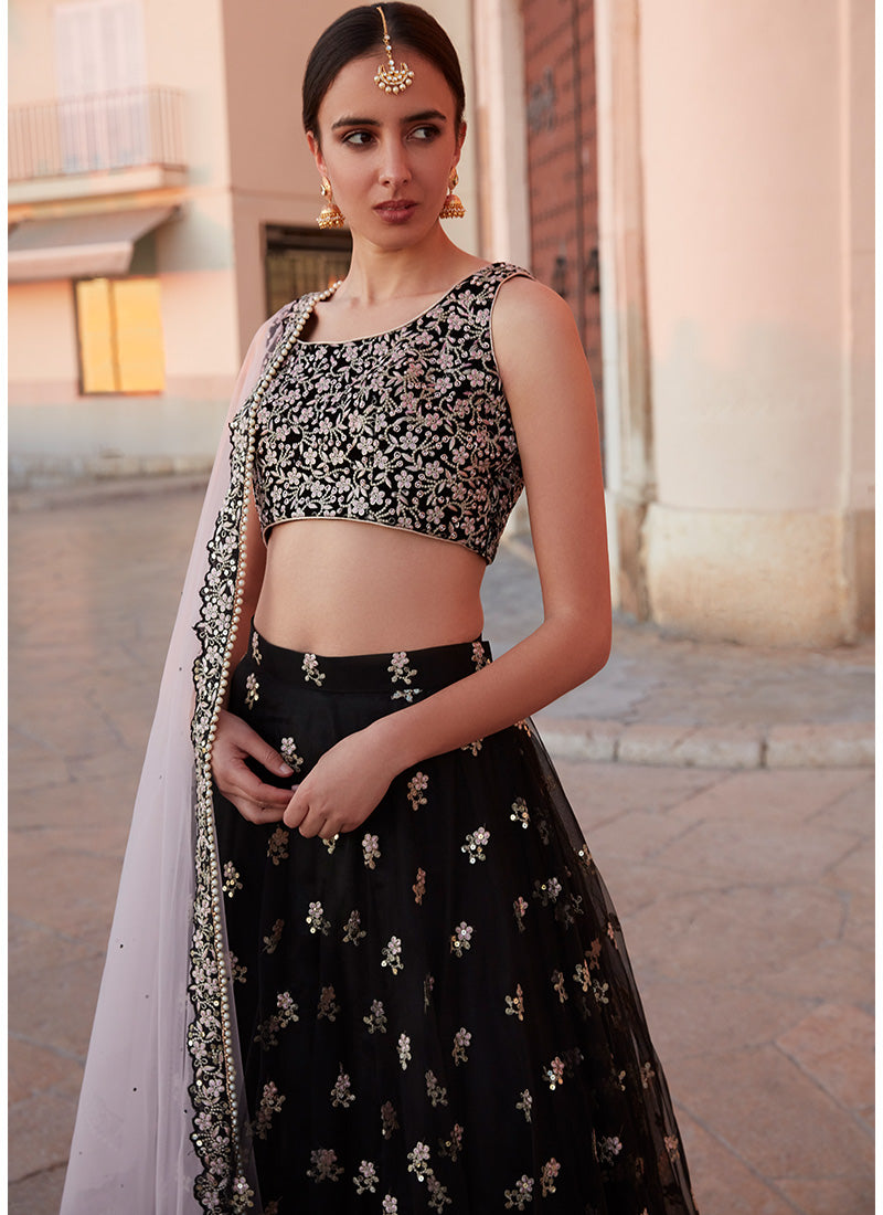 Black and Light Pink Embroidered Net Lehenga - Lashkaraa