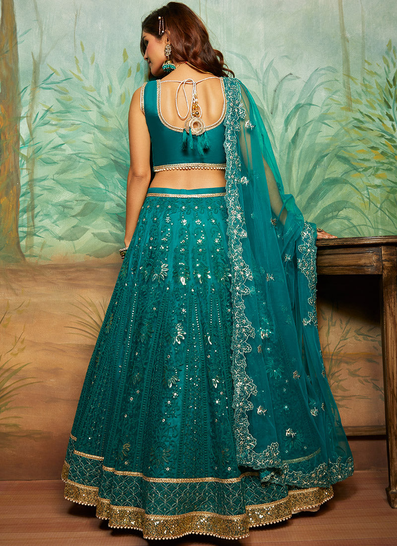 Teal Heavy Thread Embroidered Lehenga