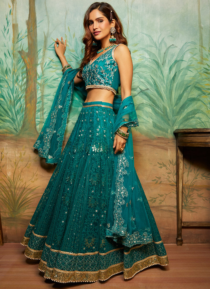 Teal Heavy Thread Embroidered Lehenga