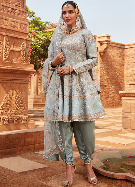Dusty Blue Dhoti Style Punjabi Suit Lashkaraa