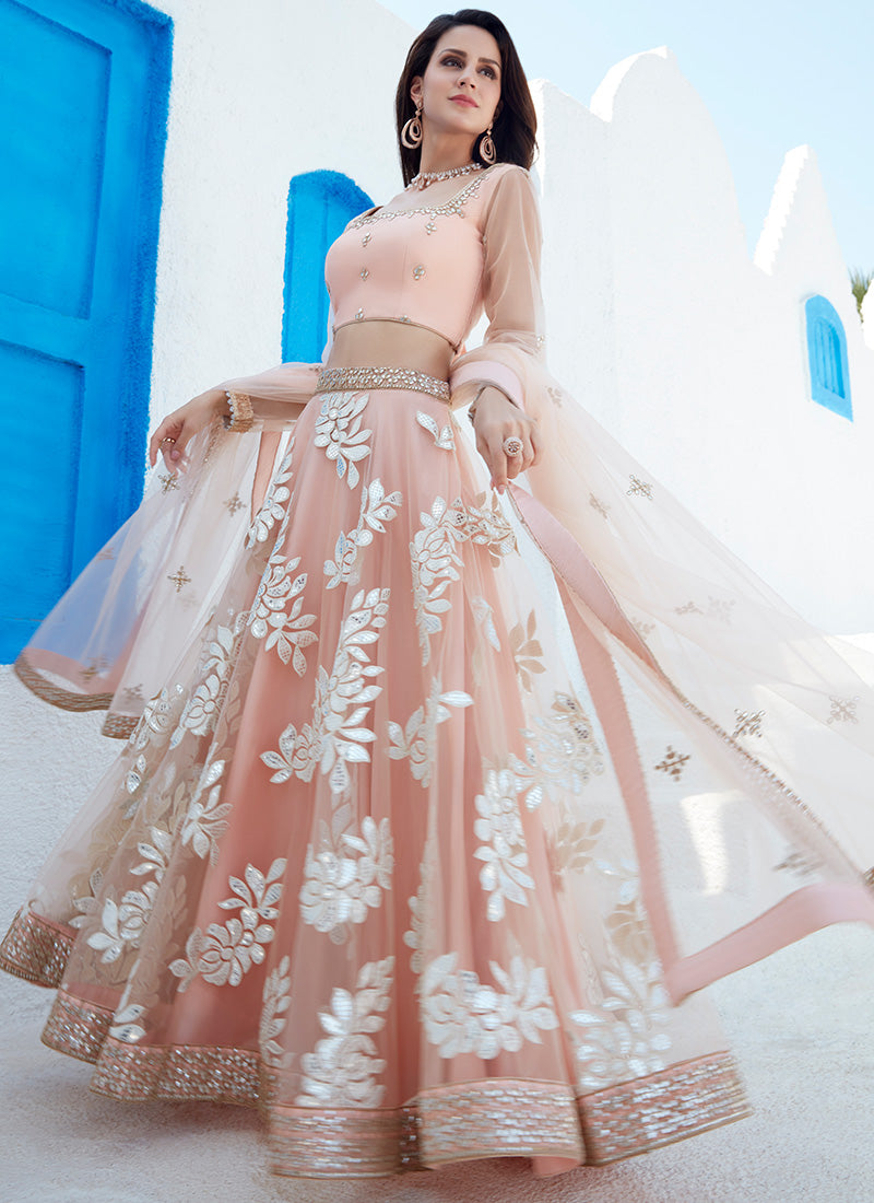 Peach Foil Embroidered Net Lehenga