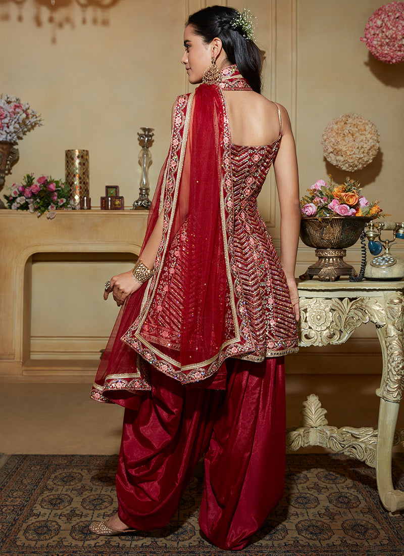 Deep Red Embroidered Peplum Punjabi Suit