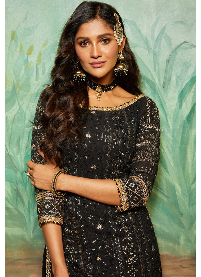 Black and Gold Thread Embroidered Gharara Suit