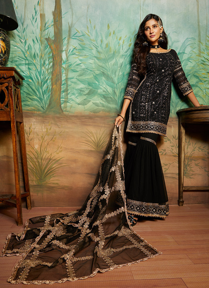 Black and Gold Thread Embroidered Gharara Suit