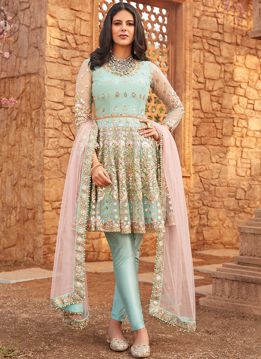 Dusty Mint and Pink Embroidered Peplum Anarkali