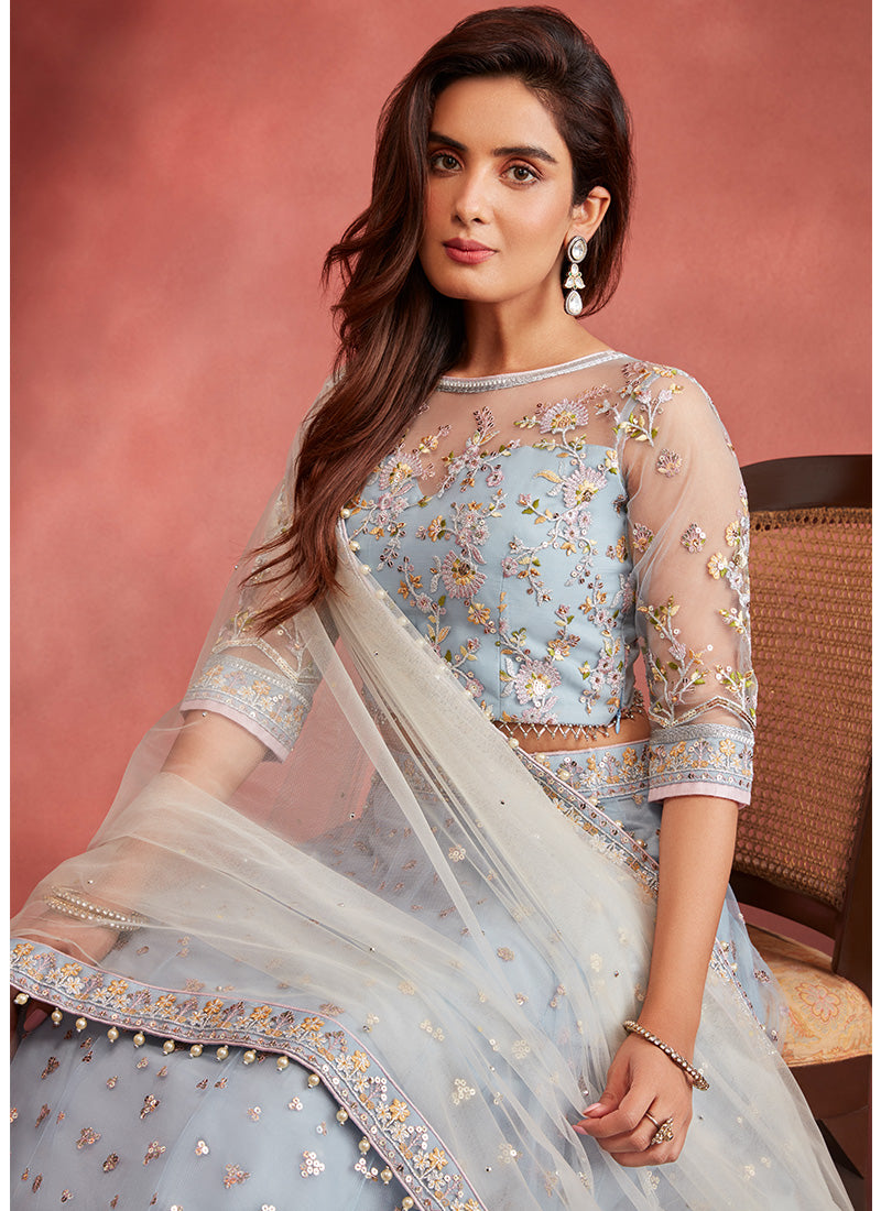 Dusty Blue Embroidered Net Lehenga