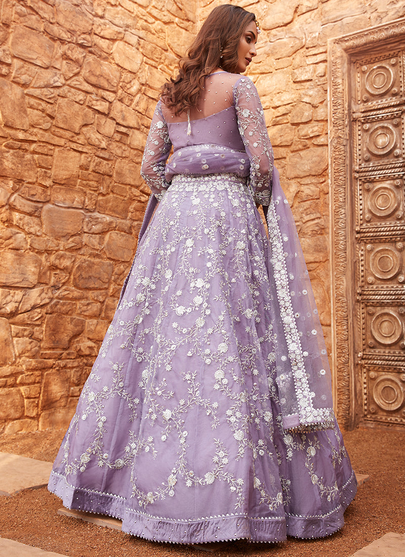 Lavender Embroidered Net Lehenga