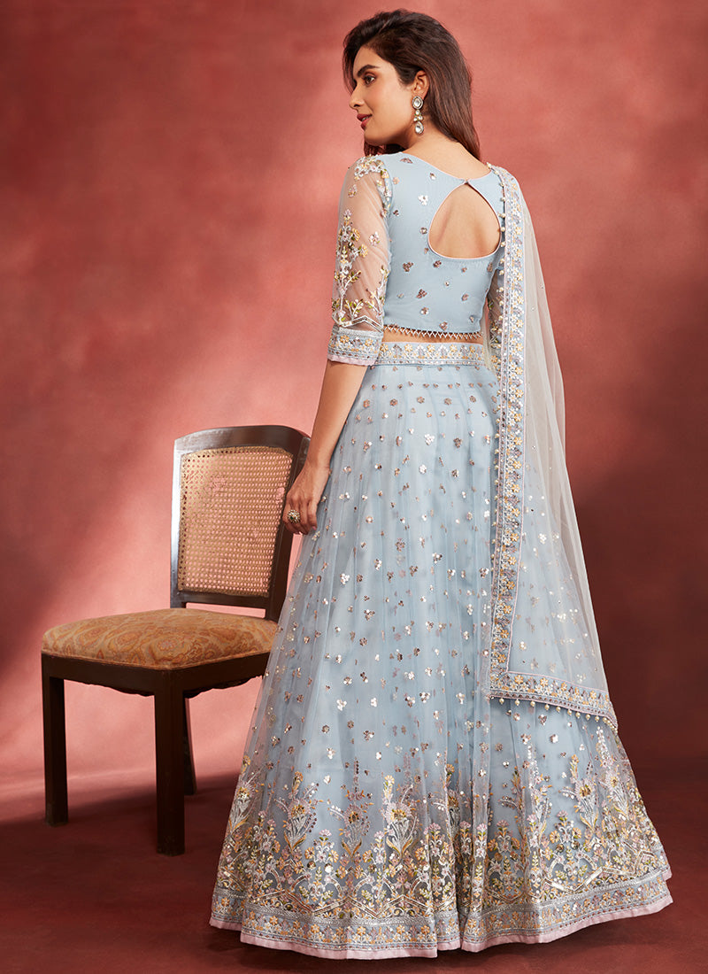 Dusty Blue Embroidered Net Lehenga