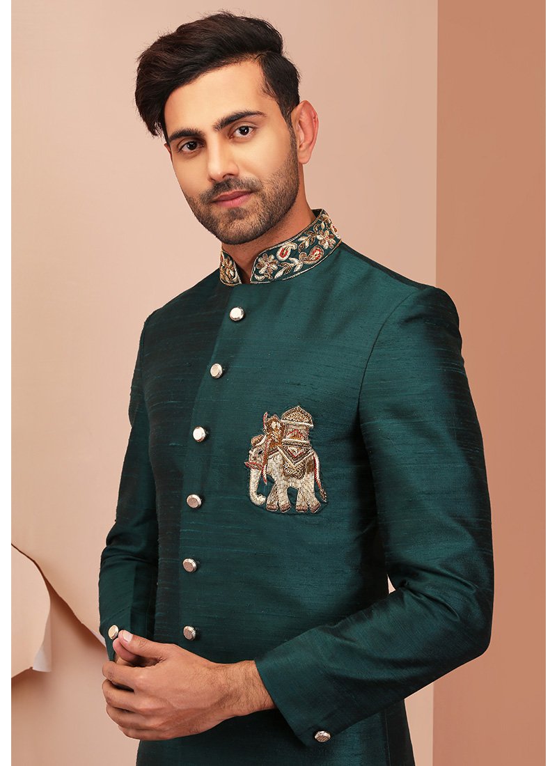 Teal Green Embroidered Raw Silk Sherwani - Lashkaraa