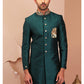 Teal Green Embroidered Raw Silk Sherwani - Lashkaraa