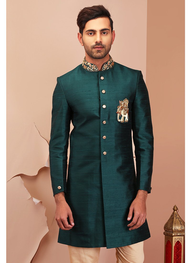 Teal Green Embroidered Raw Silk Sherwani - Lashkaraa