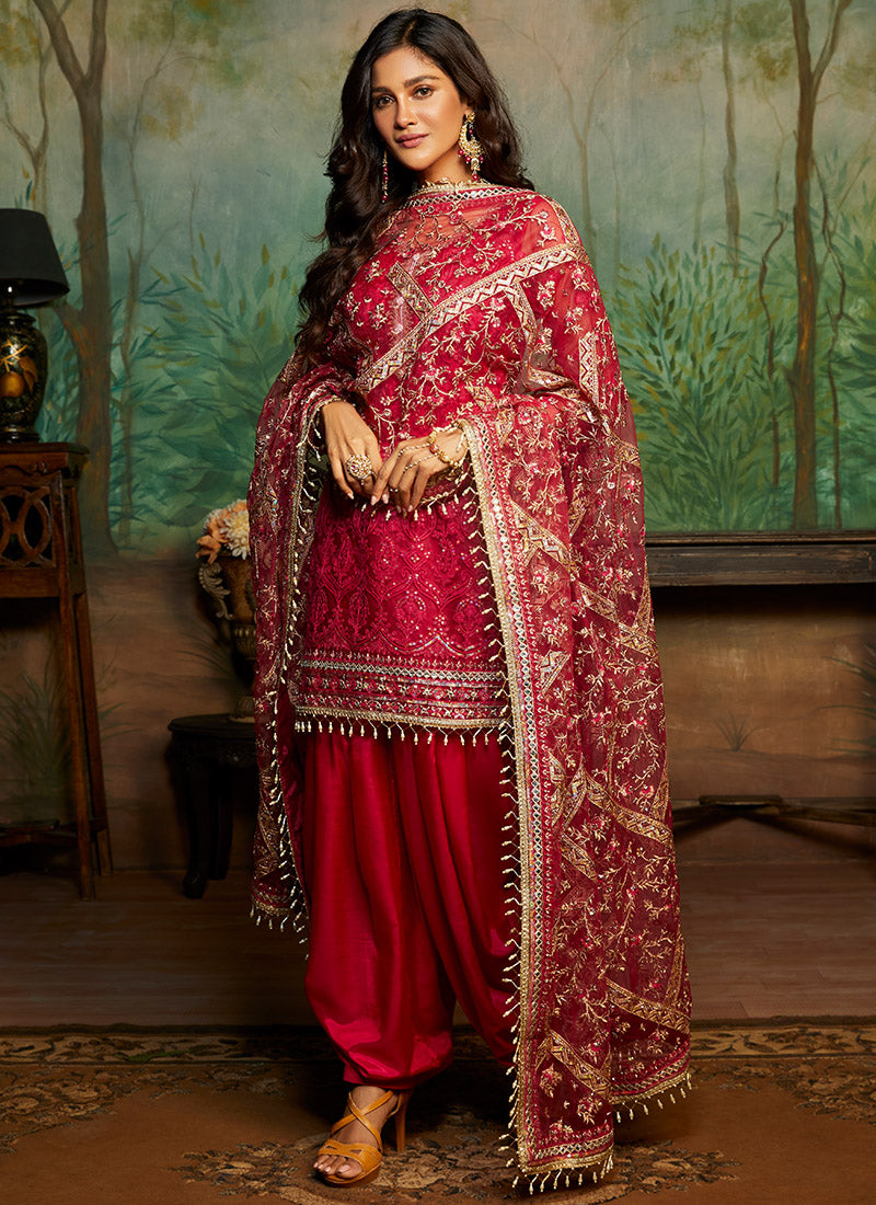 Hot Pink and Gold Embroidered Punjabi Suit