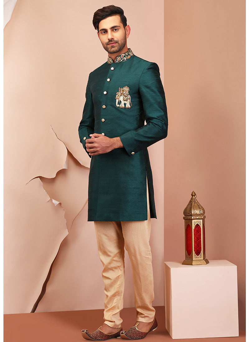 Teal Green Embroidered Raw Silk Sherwani - Lashkaraa