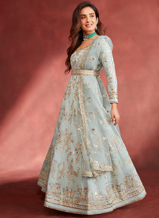 Baby Blue and Gold Embroidered Silk Anarkali