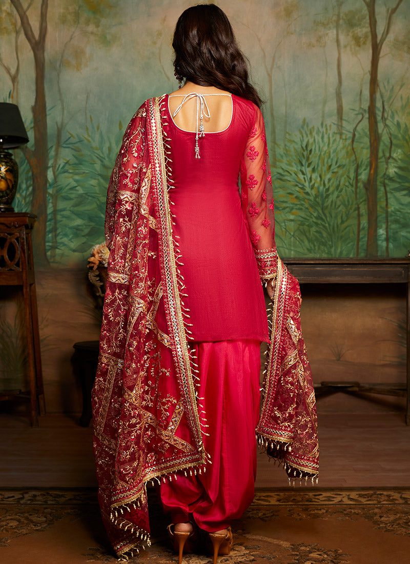 Hot Pink and Gold Embroidered Punjabi Suit