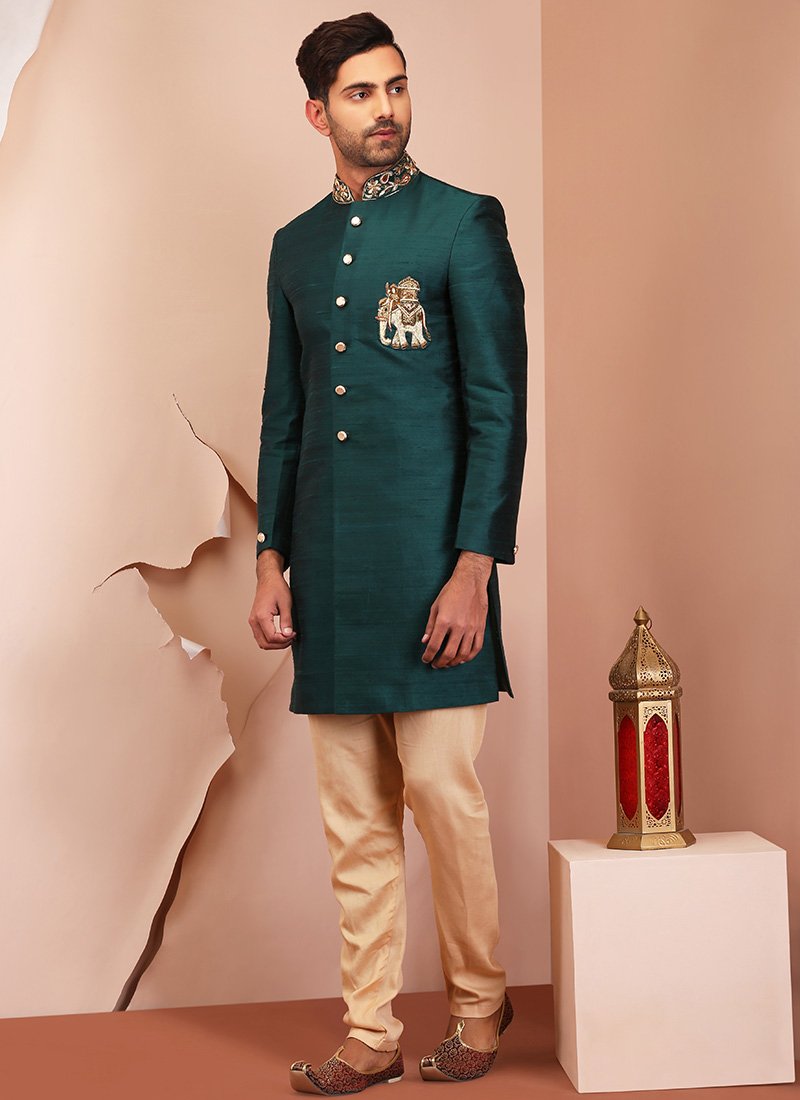 Teal Green Embroidered Raw Silk Sherwani - Lashkaraa