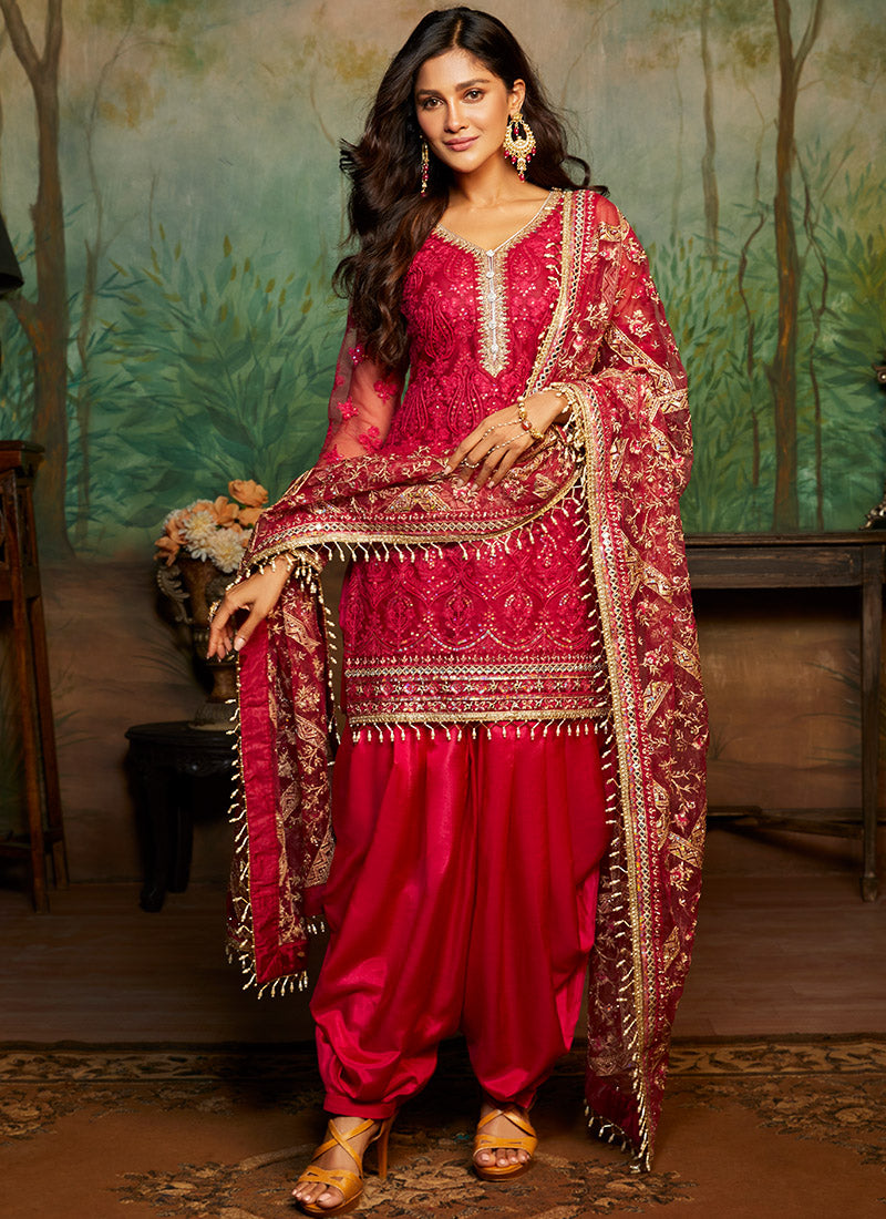 Hot Pink and Gold Embroidered Punjabi Suit