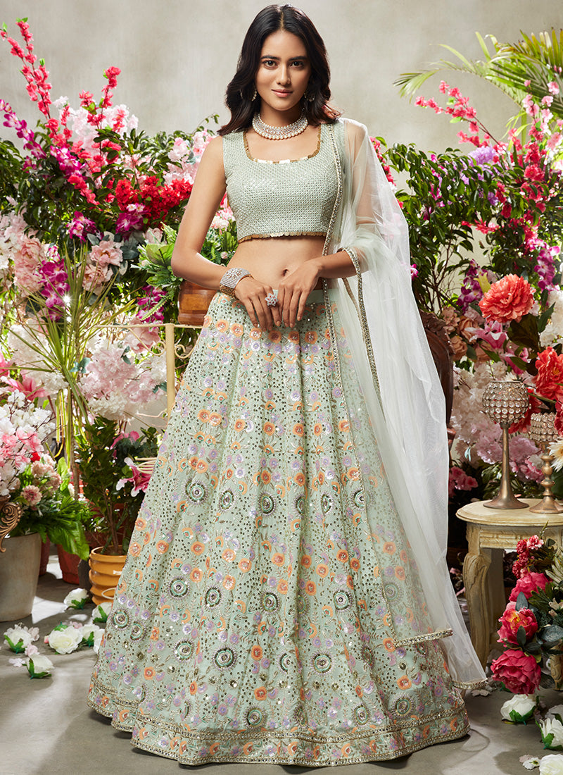 Dusty Mint Multicolor Embroidered Net Lehenga