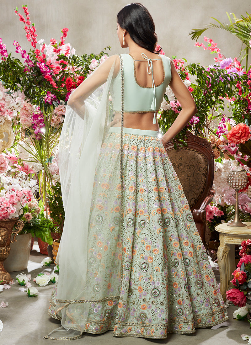 Dusty Mint Green Multicolor Embroidered Net Lehenga