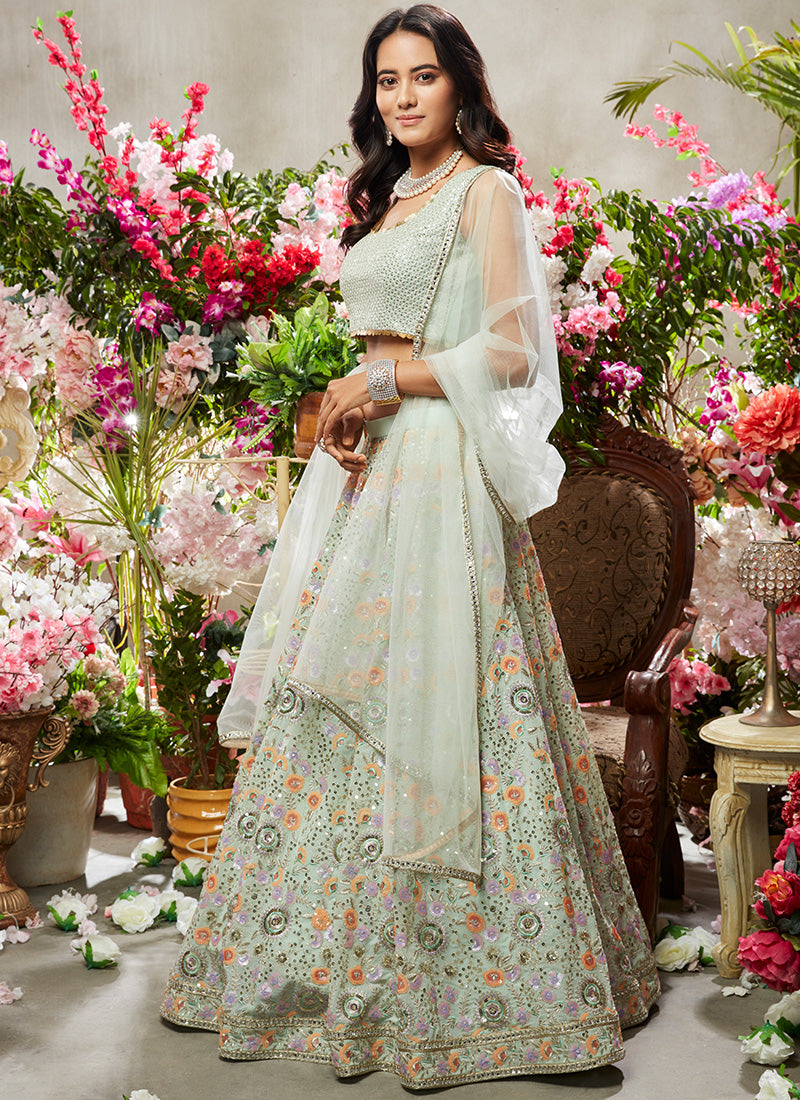 Dusty Mint Green Multicolor Embroidered Net Lehenga