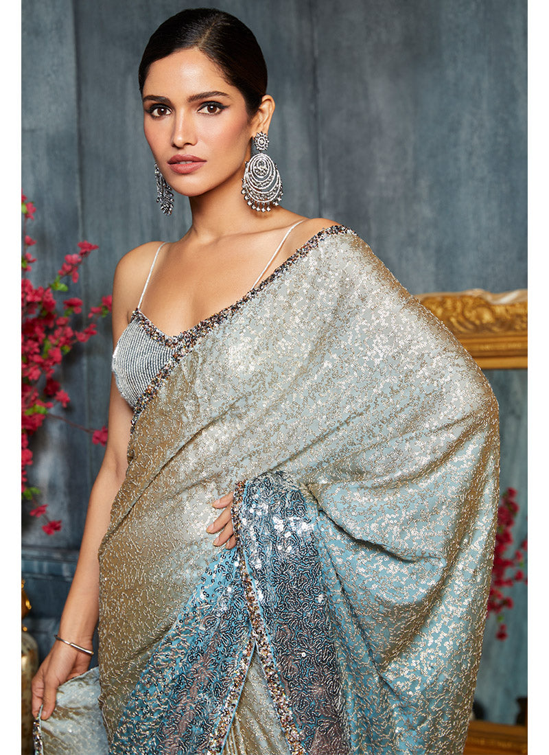 Dusty Blue Ombre Sequins Embroidered Saree