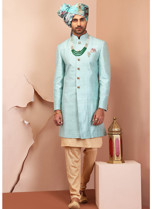 Light Blue Raw Silk Sherwani Set - Lashkaraa