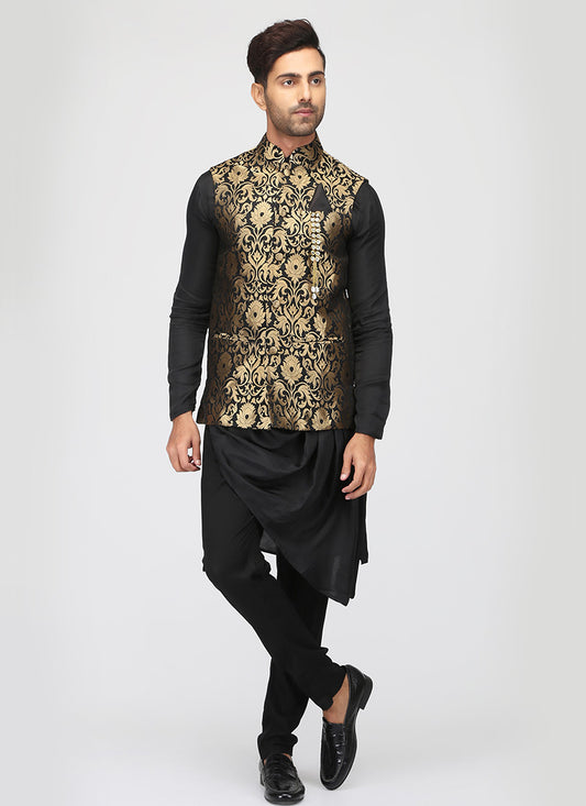 Black Cowled Kurta Pyjama Set with Brocade Waistcoat - Lashkaraa