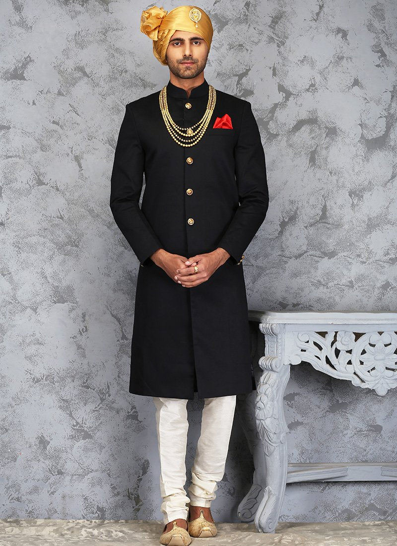 Black and White Silk Sherwani - Lashkaraa