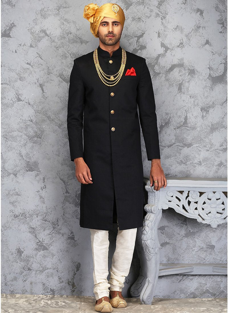 Black and White Silk Sherwani - Lashkaraa