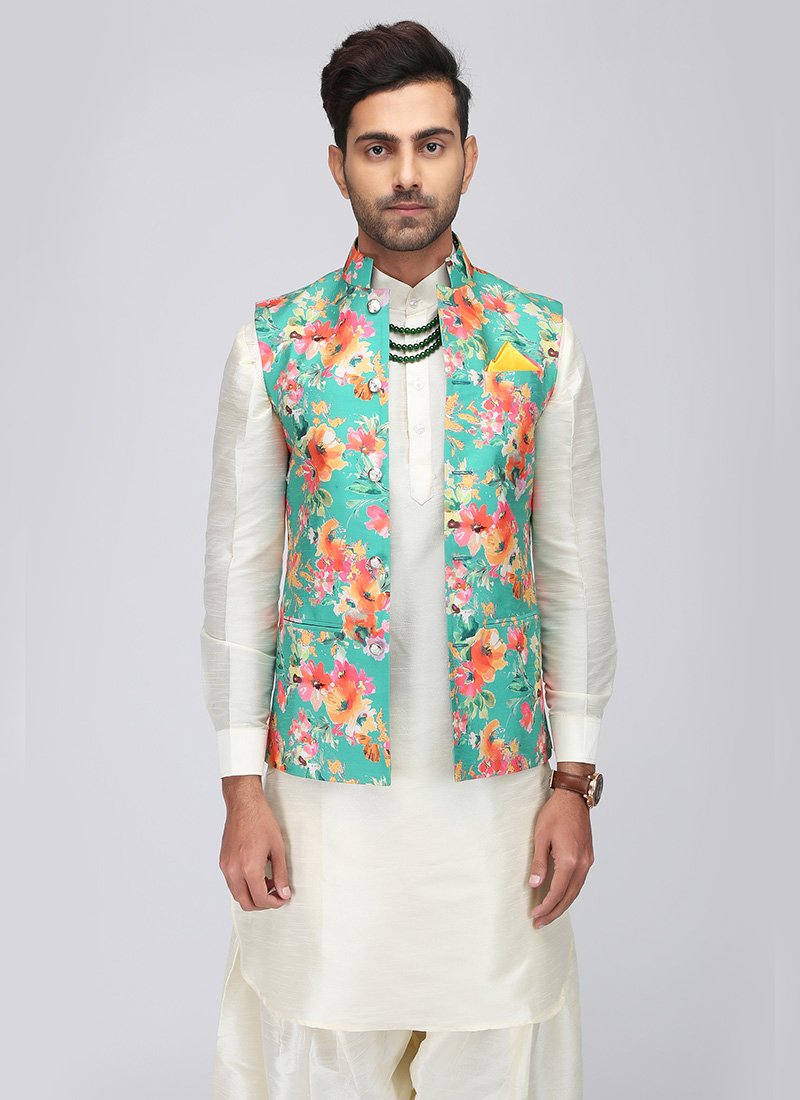 White Pathani Suit Set with Floral Waistcoat - Lashkaraa