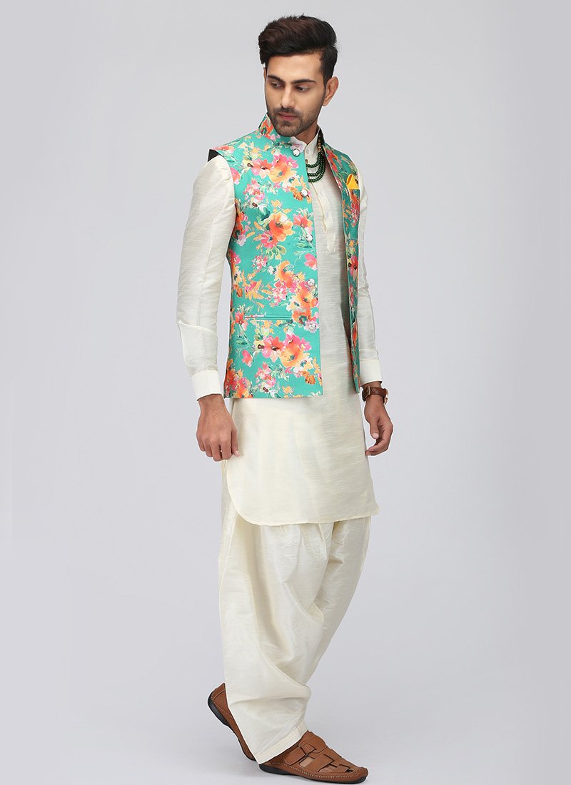 White Pathani Suit Set with Floral Waistcoat - Lashkaraa