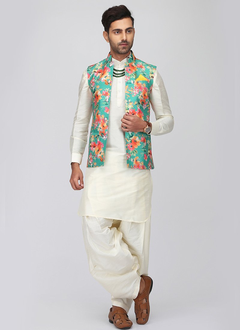 White Pathani Suit Set with Floral Waistcoat - Lashkaraa