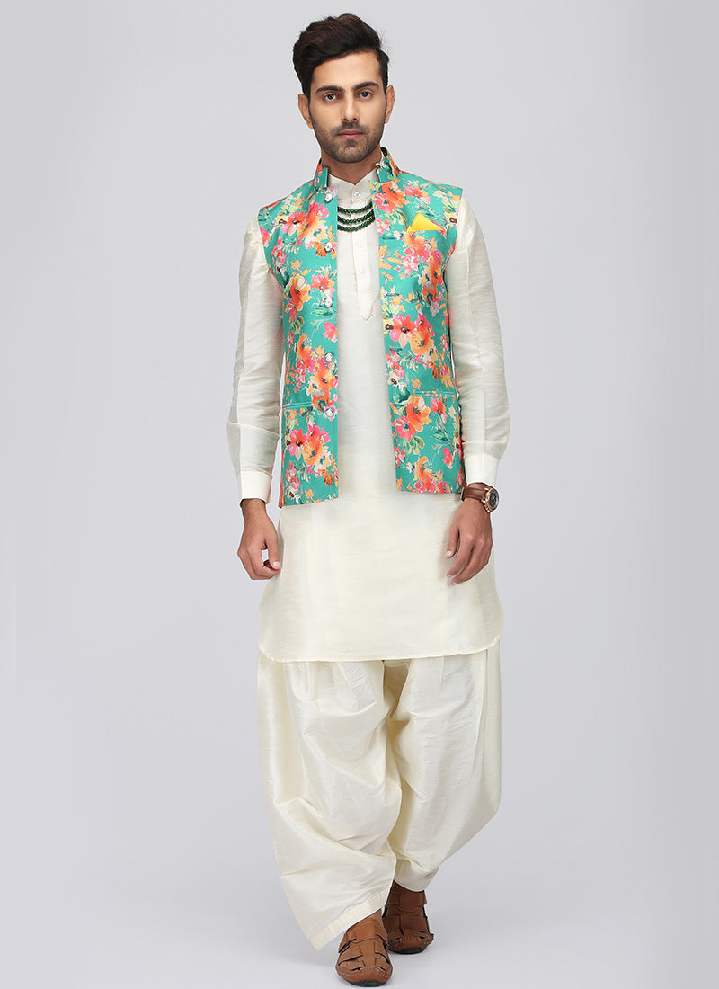 White Pathani Suit Set with Floral Waistcoat - Lashkaraa