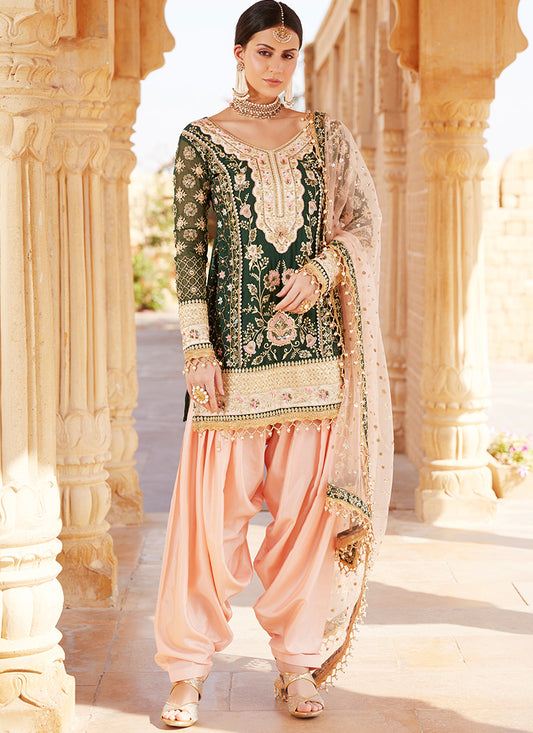 Emerald Green and Blush Pink Embroidered Punjabi Suit - Lashkaraa