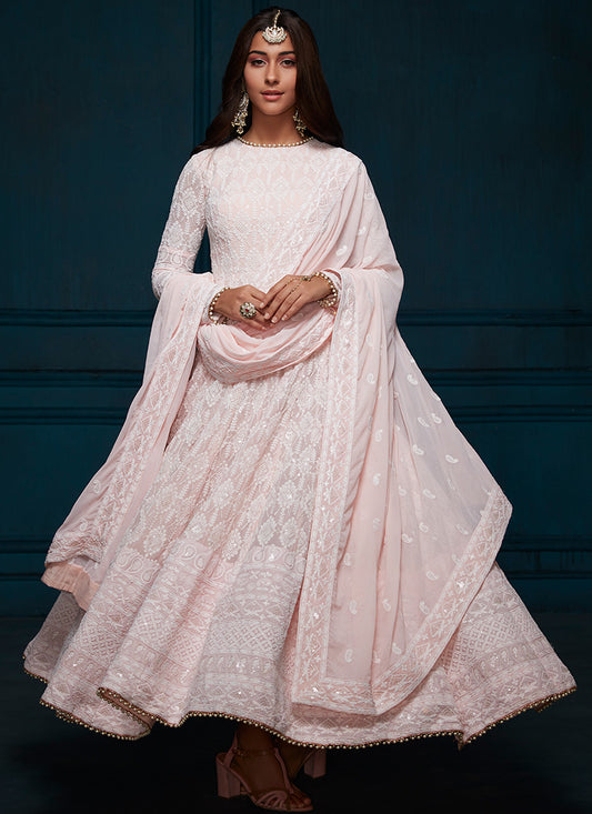 Light Pink Thread Embroidered Anarkali - Lashkaraa