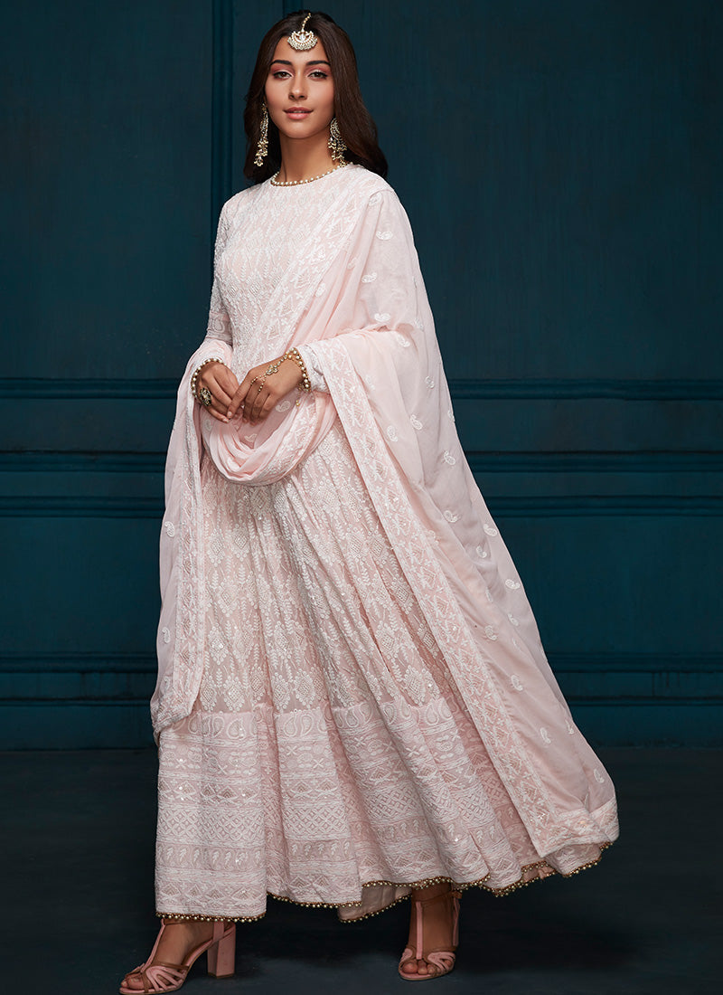 Light Pink Thread Embroidered Anarkali - Lashkaraa