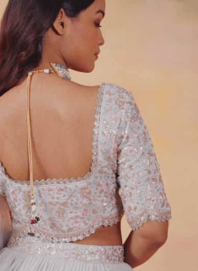 Dusty Blue Grey Embroidered Georgette Lehenga