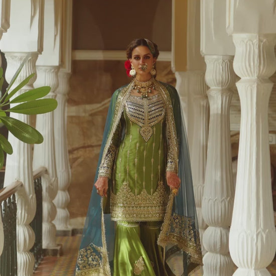 Olive Green and Blue Embroidered Gharara Suit – Lashkaraa
