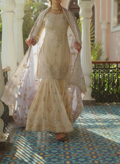 Cream and Lavender Embroidered Gharara Suit