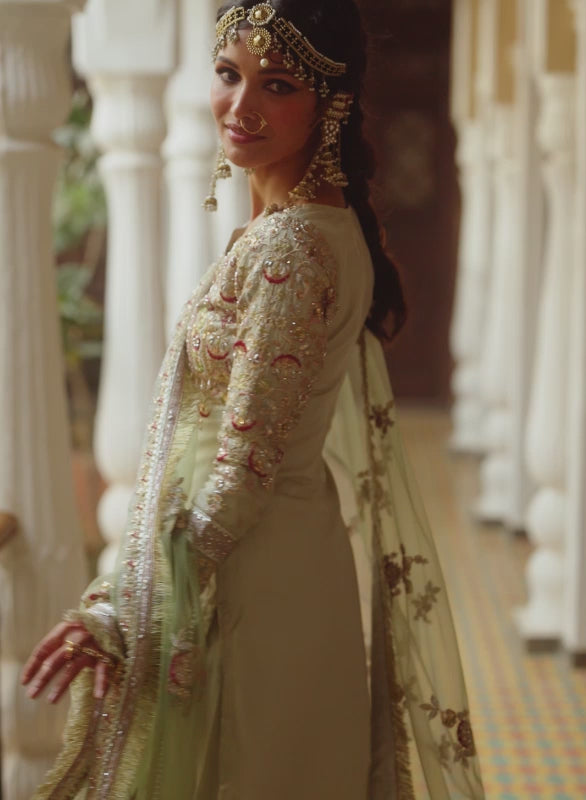 Wedding Style Chinnon Olive Green Embroidered Palazzo Suit
