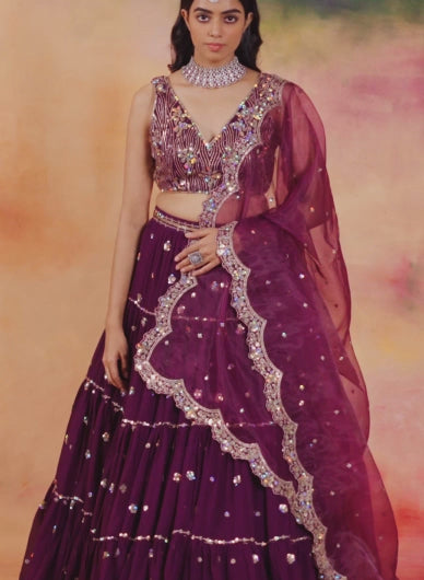 Deep Purple Embroidered Georgette Lehenga