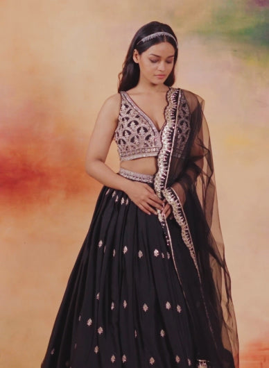 Black and Gold Embroidered Satin Lehenga