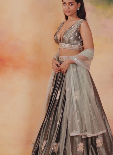 Dusty Olive Embroidered Satin Lehenga