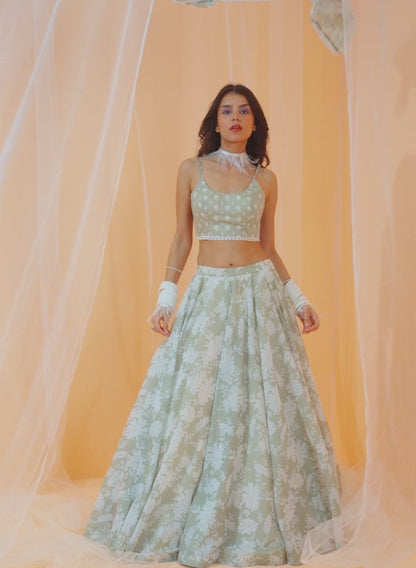 Light Sage White Floral Printed Lehenga