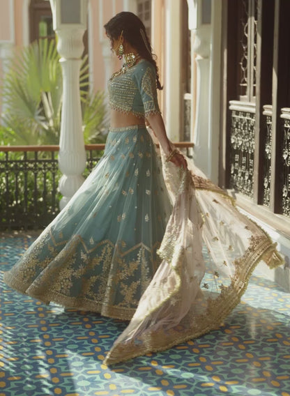 Blue and Light Pink Embroidered Lehenga
