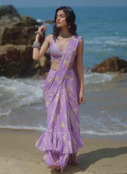 Lavender Floral Printed Saree