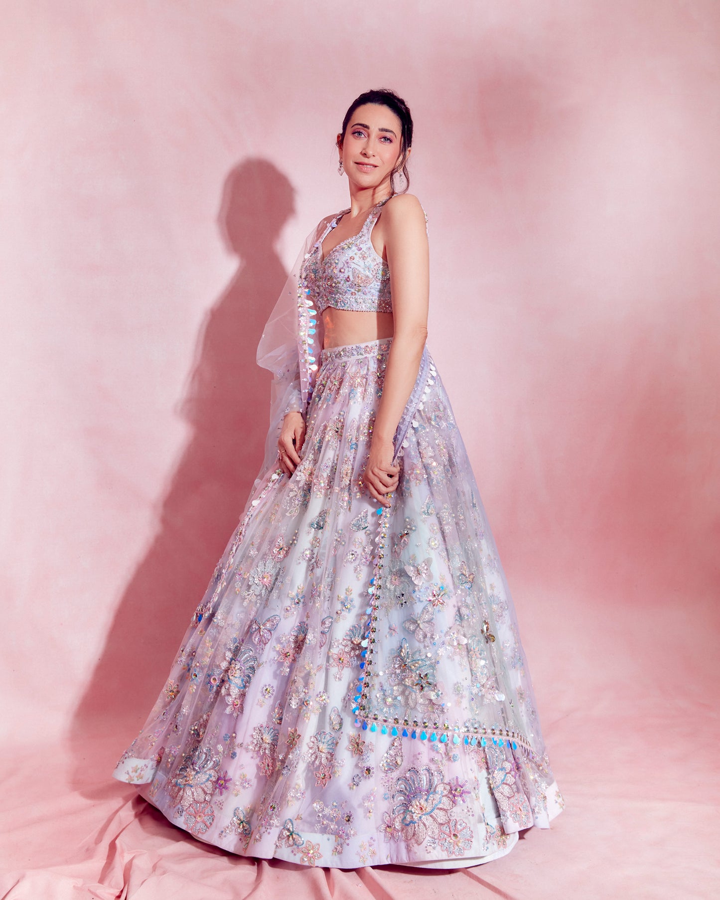 Karisma Kapoor in Ombre Pink and Blue Heavy Embellished Lehenga