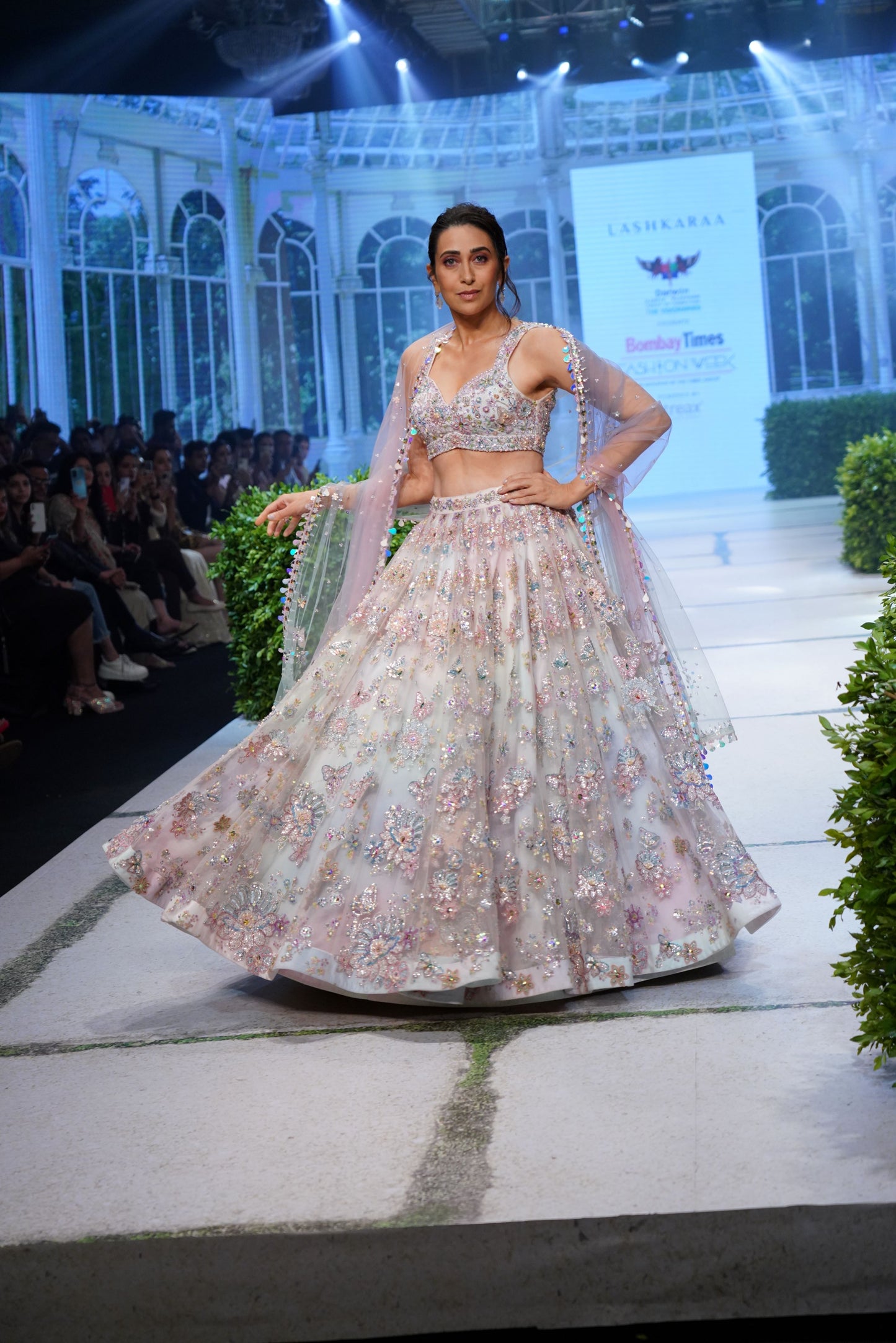 Karisma Kapoor in Ombre Pink and Blue Heavy Embellished Lehenga